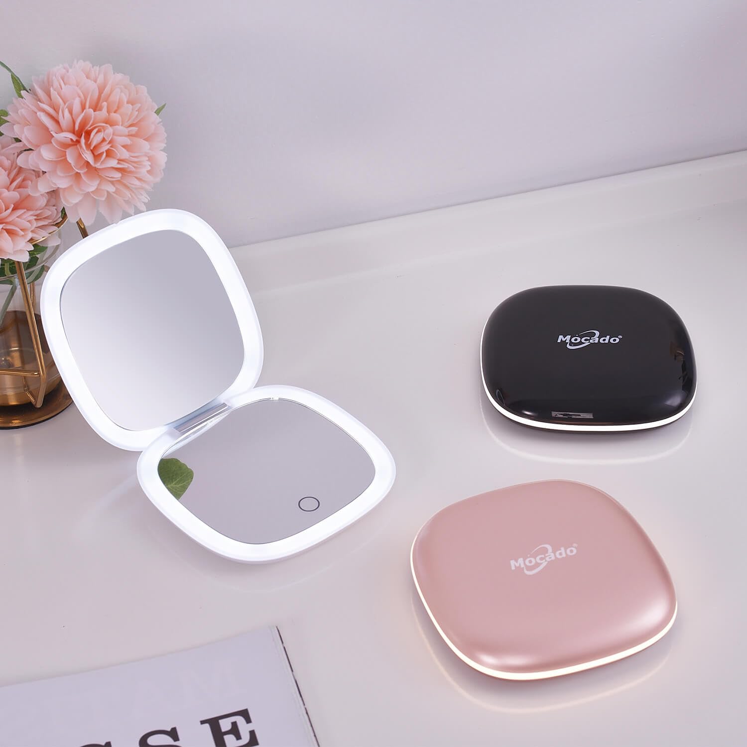 Mocado lifestyle travel setup placed with handbag and cosmetics for convenient touch-ups