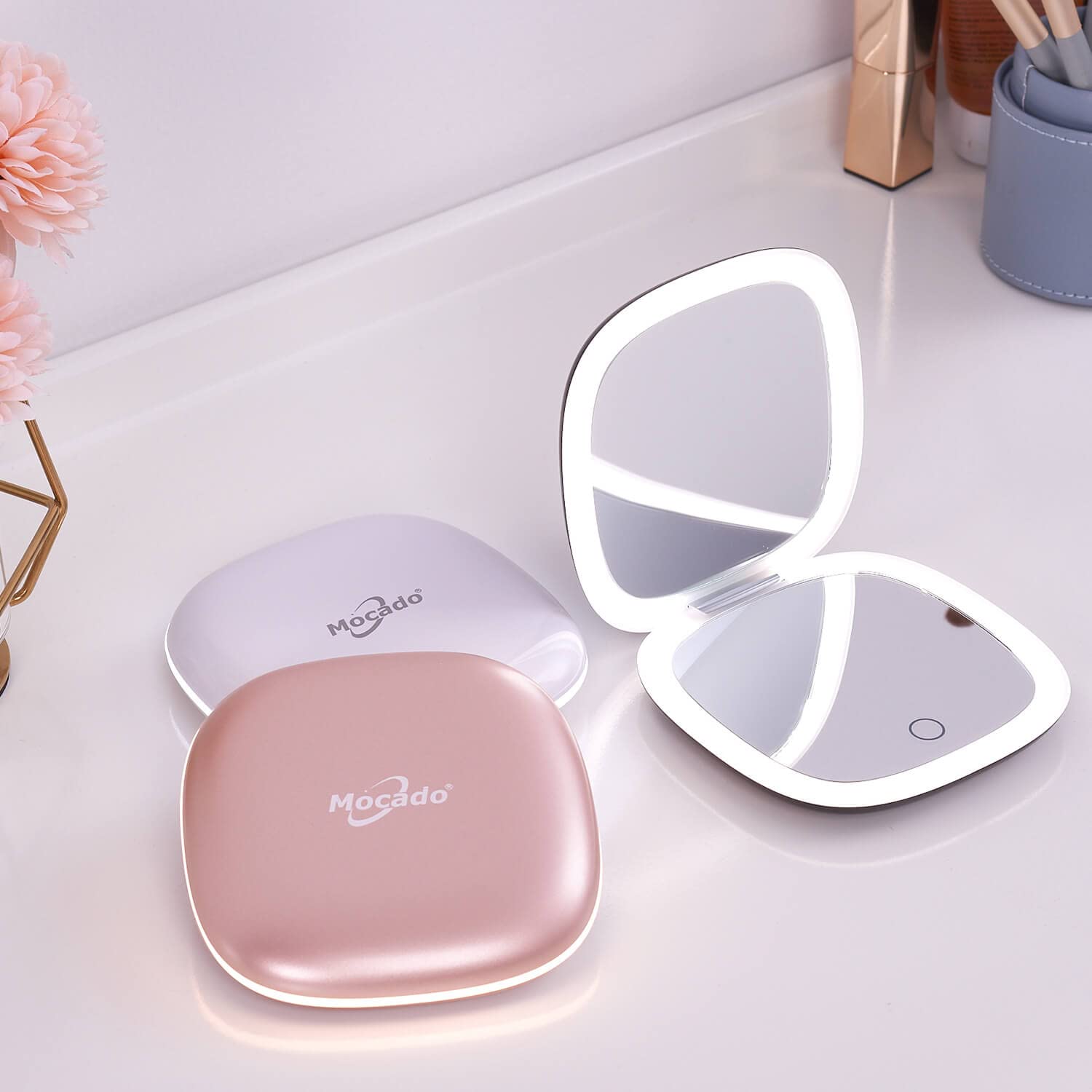 Mocado mirror plugged into USB cable showing fast charging convenience from power bank