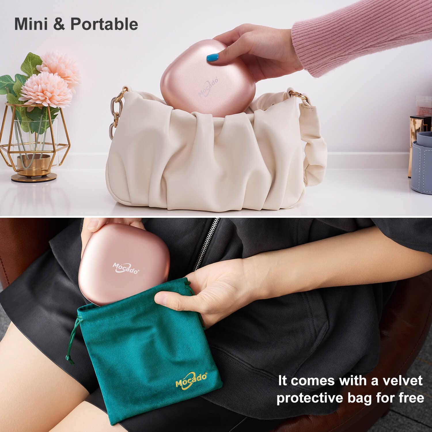 Mocado velvet pouch with mirror inside showing protective storage for scratch-free transport