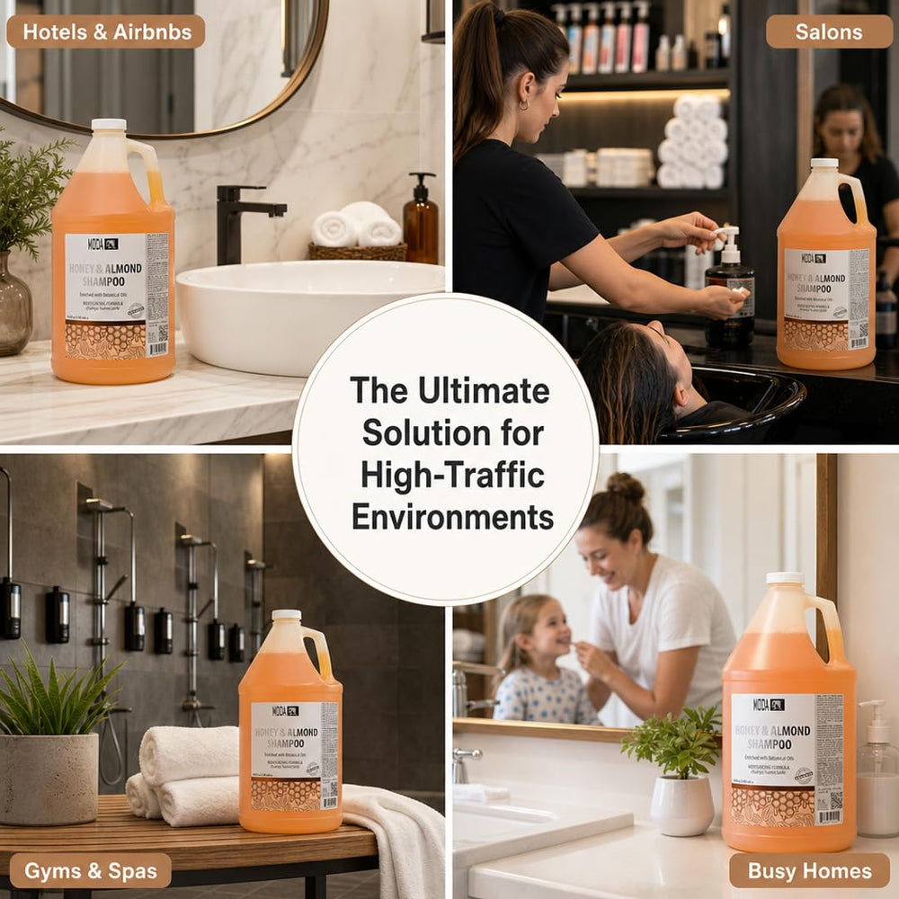 MODA 128 oz shampoo with pump attached displaying easy commercial dispensing