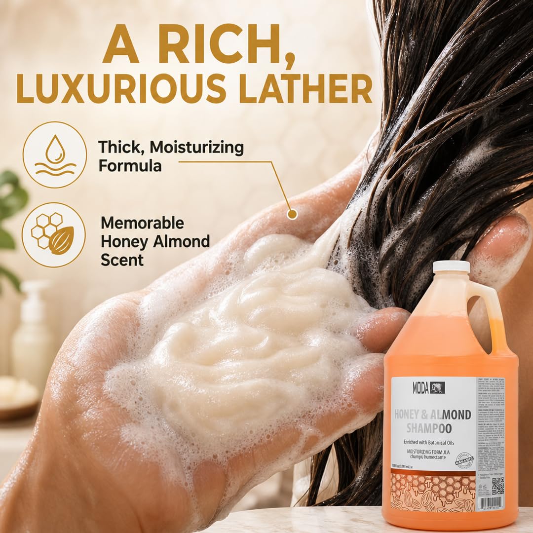 MODA pouring deep moisturizing shampoo from the 128 oz container for efficient refills