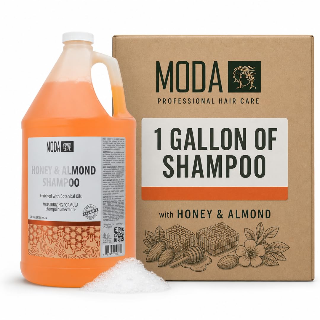 MODA front label of 128 oz shampoo showing product name and benefits