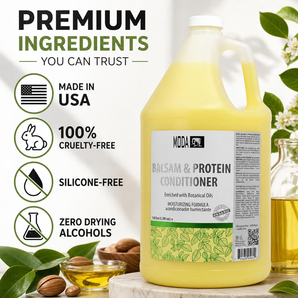 MODA label ingredient detail showcasing keratin and jojoba oil benefits