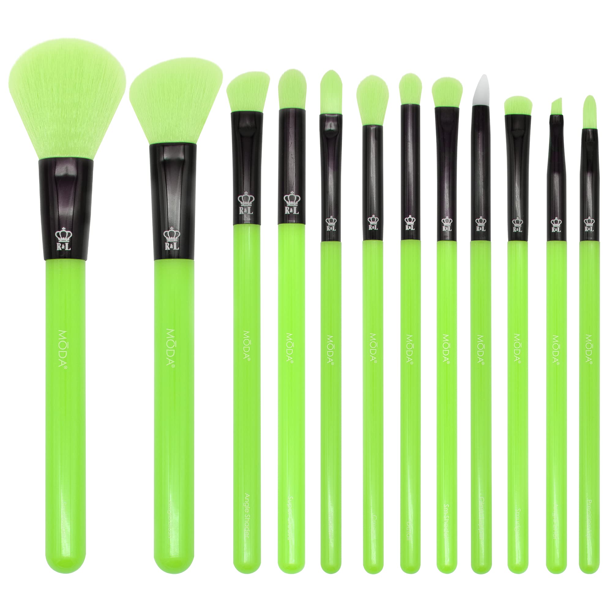 MODA neon green brush set front view showing full 12pc kit and bold color