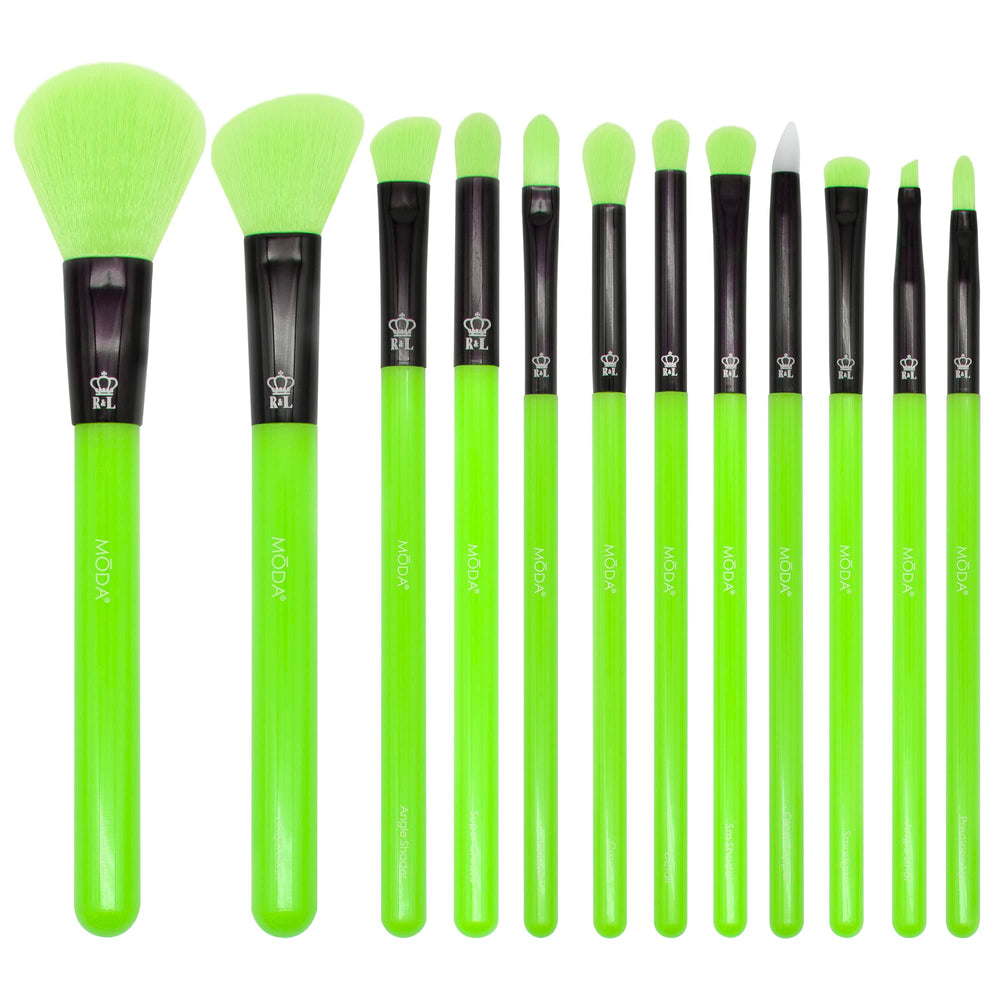 MODA neon green brush set front view showing full 12pc kit and bold color