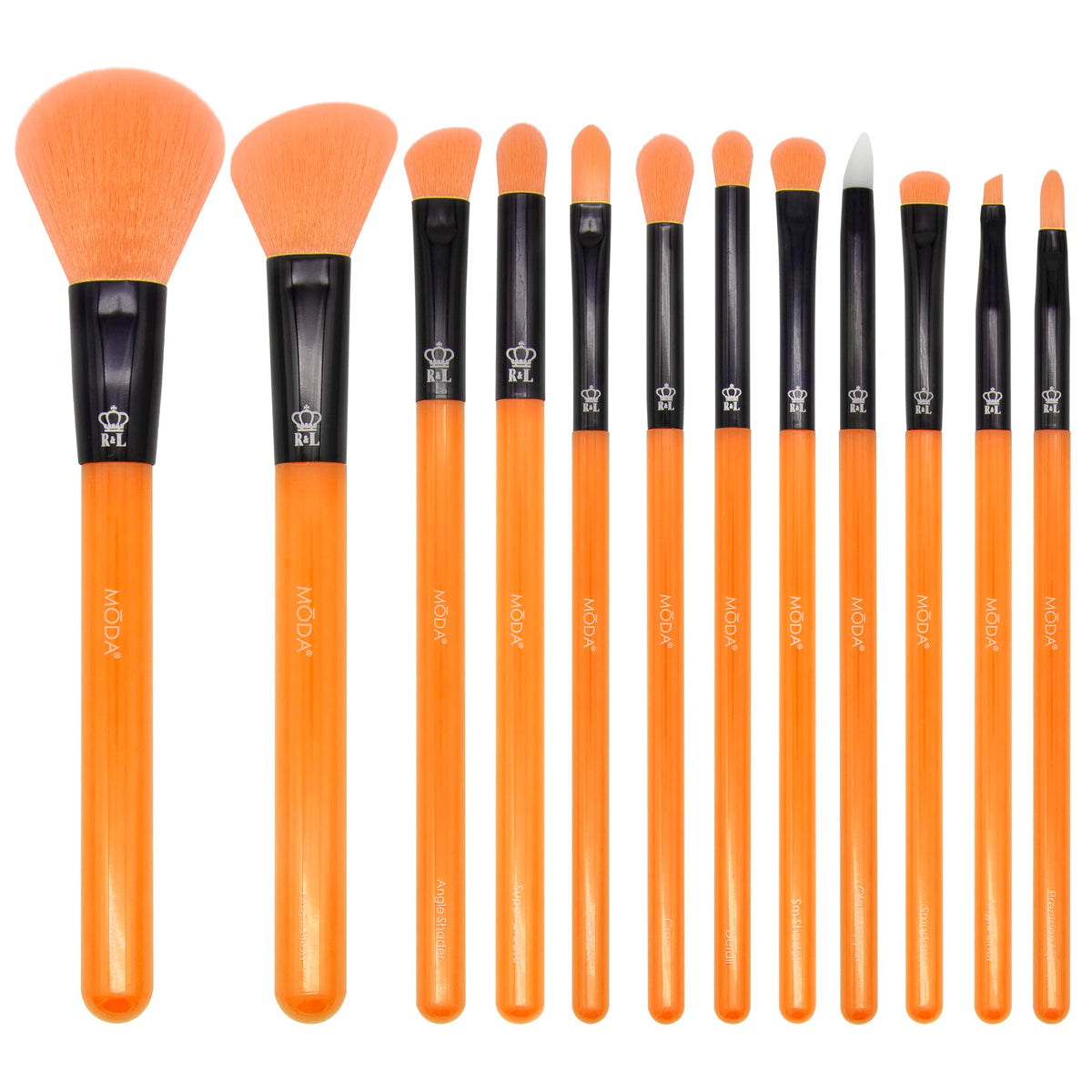 MODA neon orange front view showing full 12-piece set and organized layout, easy selection