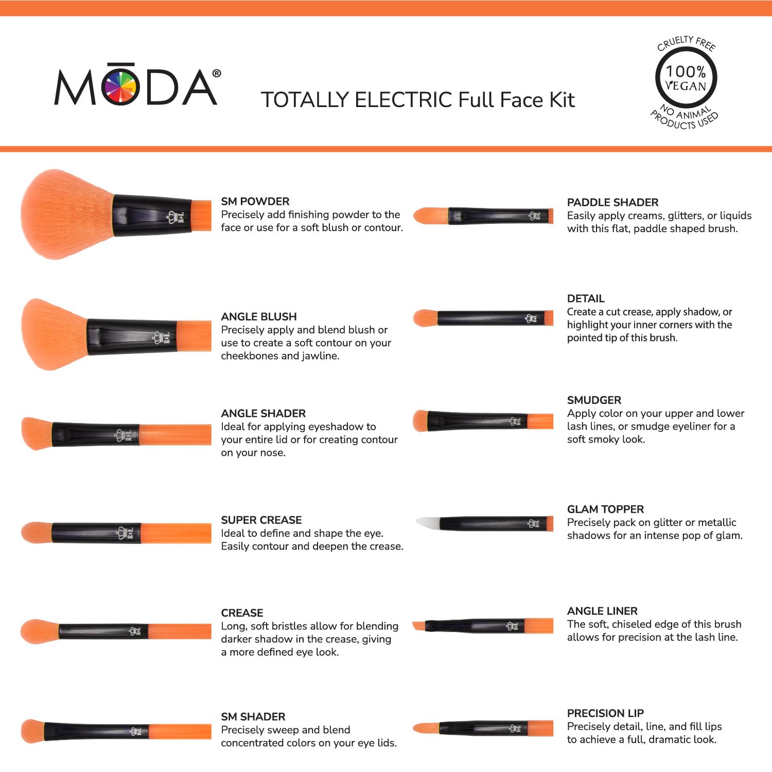 MODA brushes displayed on vanity showing vibrant color and quick-access organization
