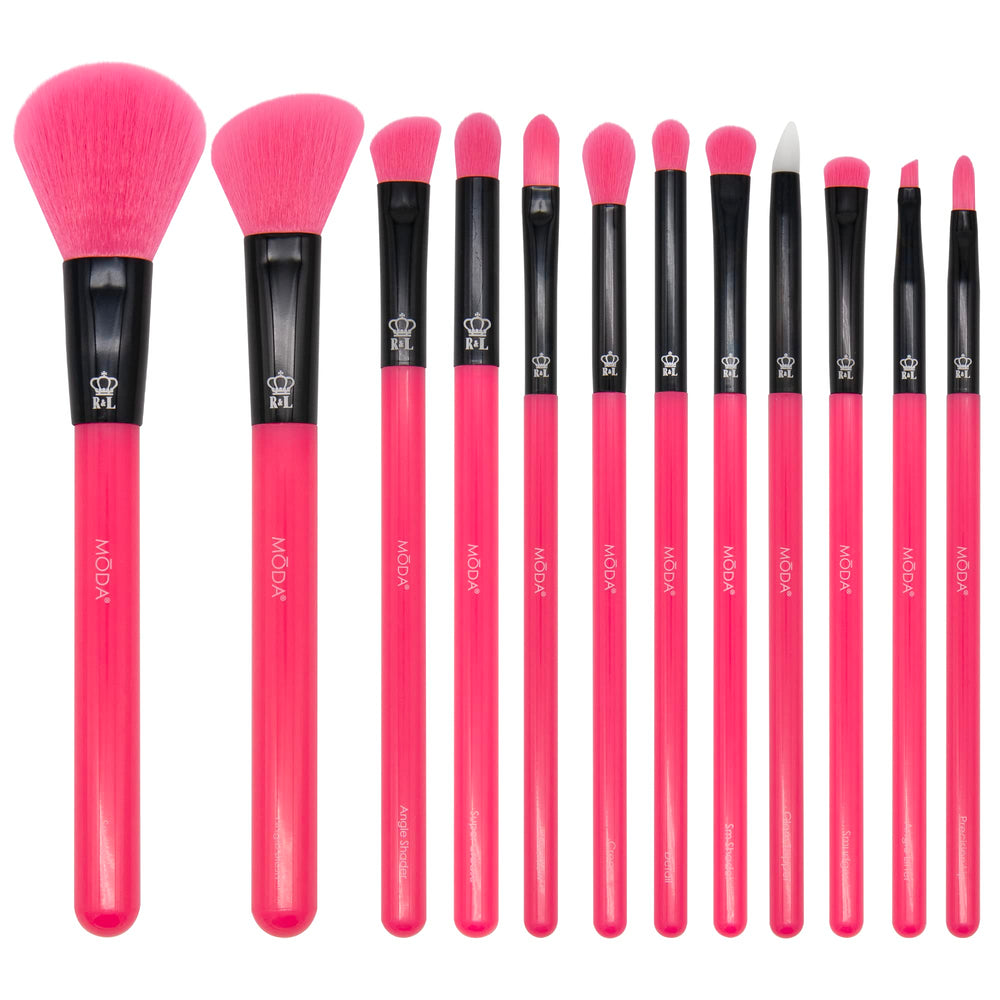 MODA full 12pc neon pink brush set displayed, bold look and complete tools
