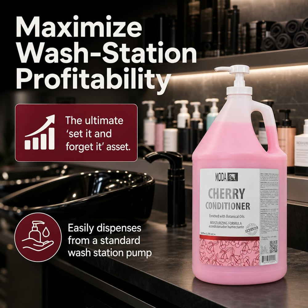 MODA gallon held in hand to show scale and bulk value for salons