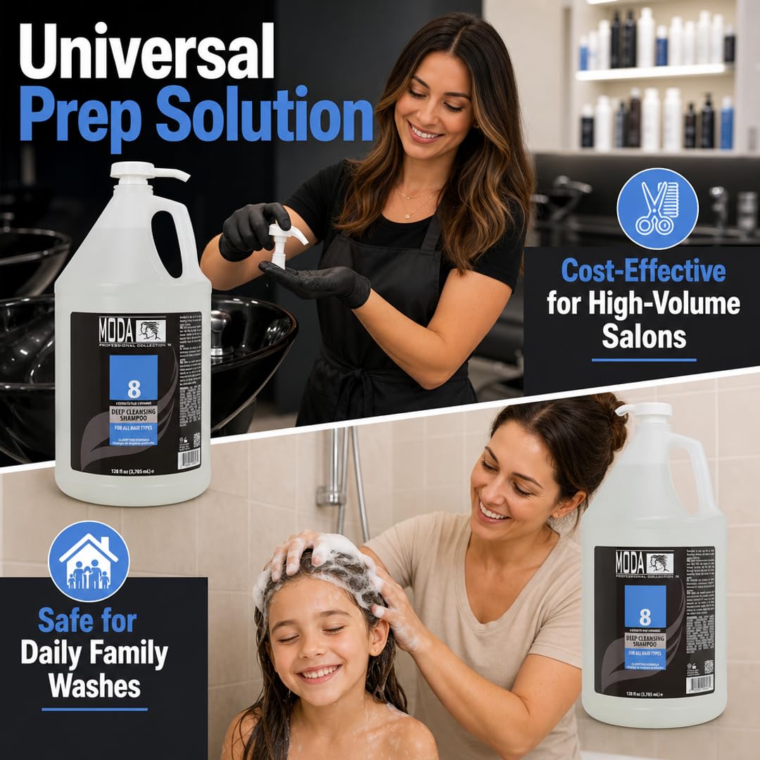 MODA bottle beside salon tools showing salon-ready convenience