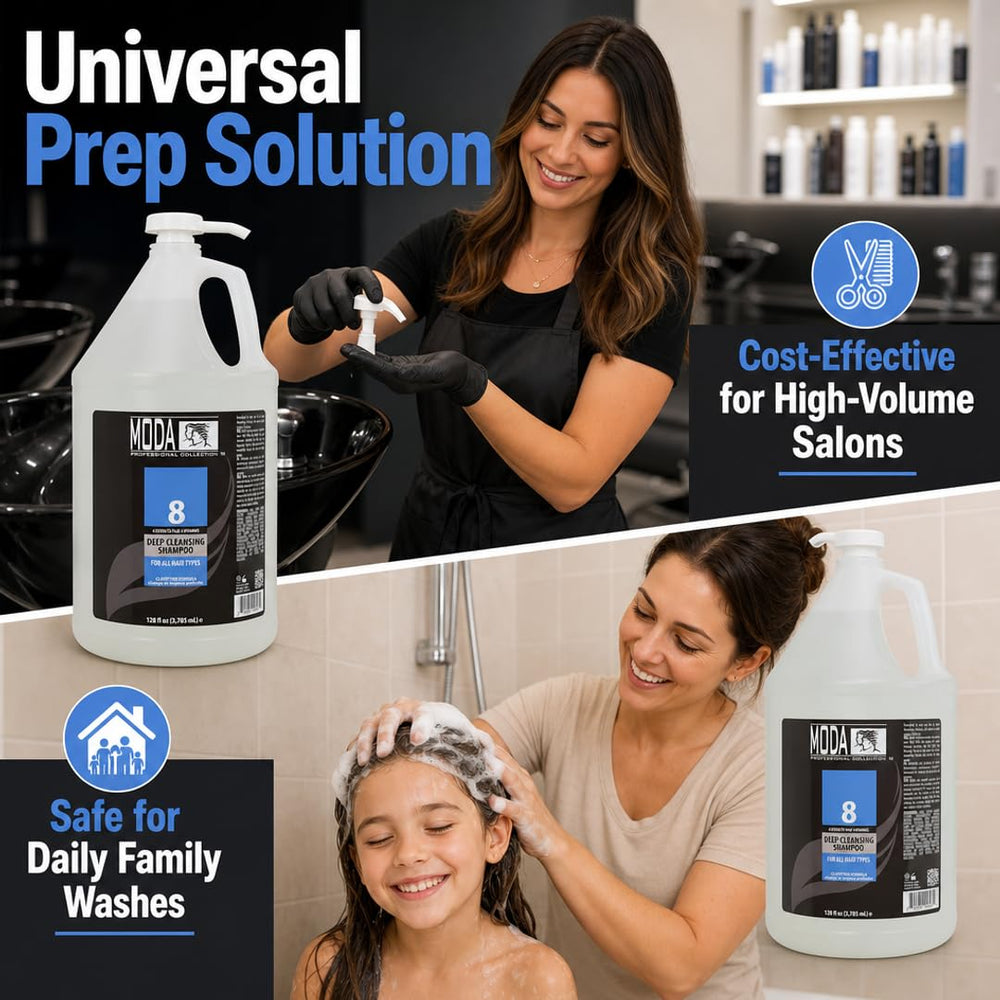 MODA bottle beside salon tools showing salon-ready convenience