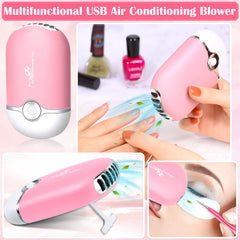Modacraft USB bladeless blower closeup delivering cool airflow to speed adhesive drying