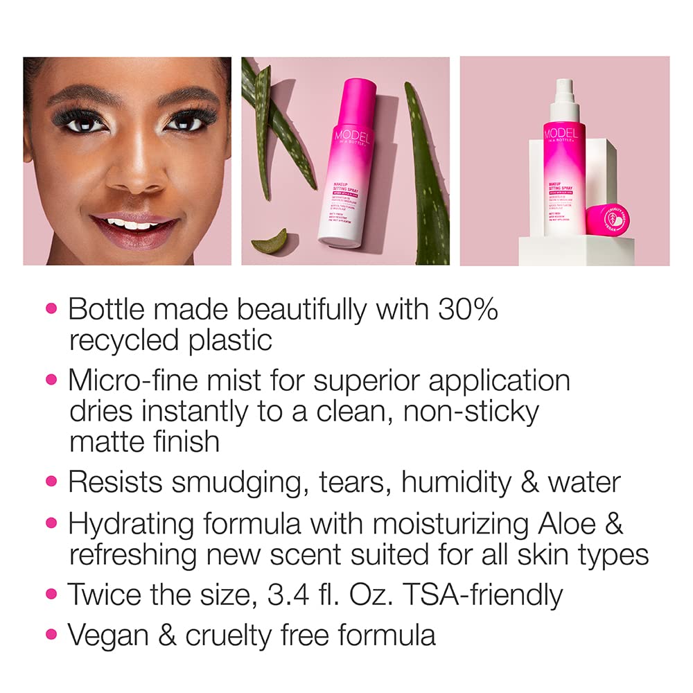 Model in a Bottle in use applying spray to face for long-wear benefit