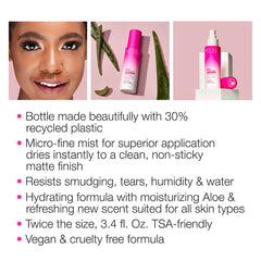 Model in a Bottle in use applying spray to face for long-wear benefit