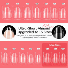 modelones close-up of 15 sizes of short almond tips for precise fit and comfort