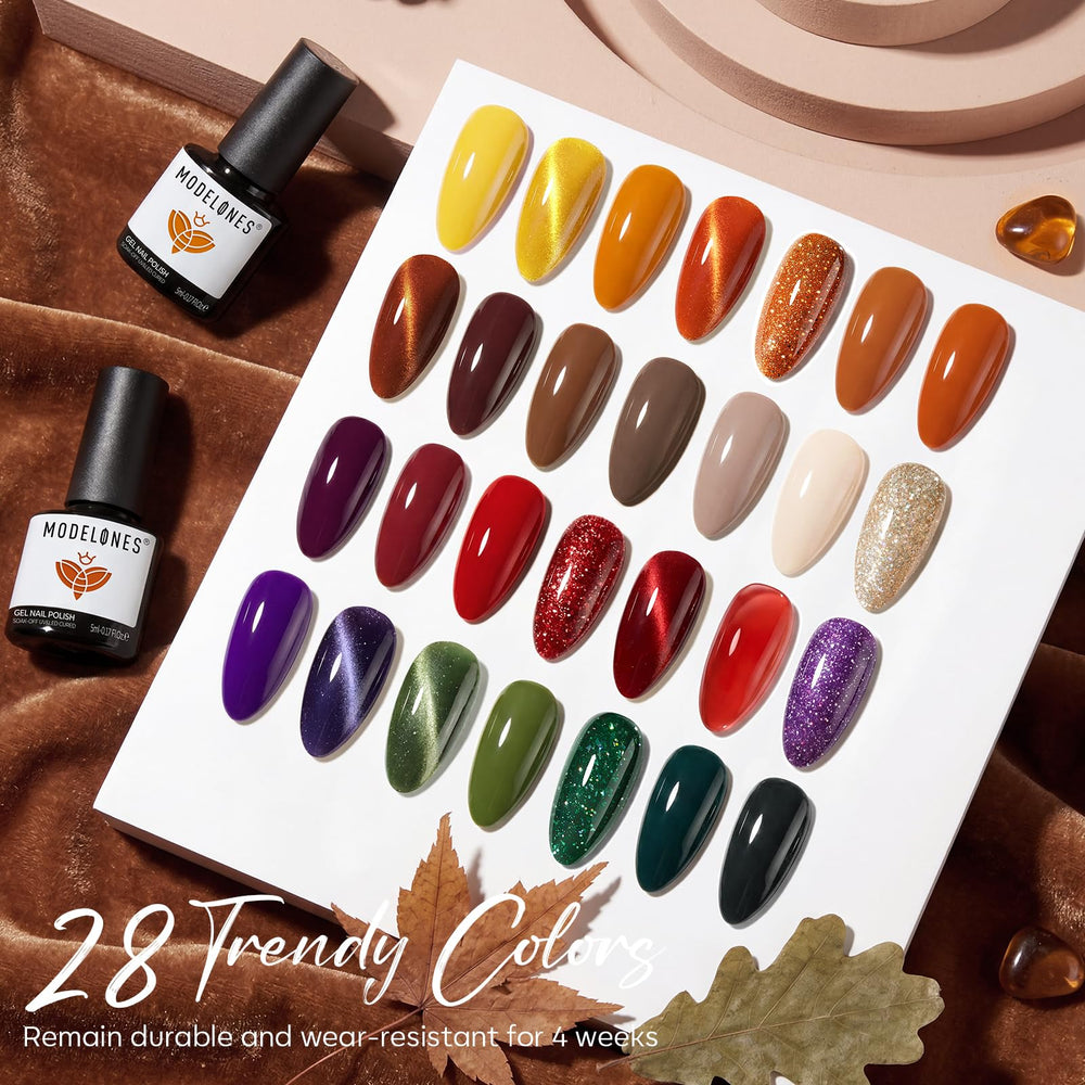 modelones color array flatlay with 28 fall shades visible, helps choose seasonal colors