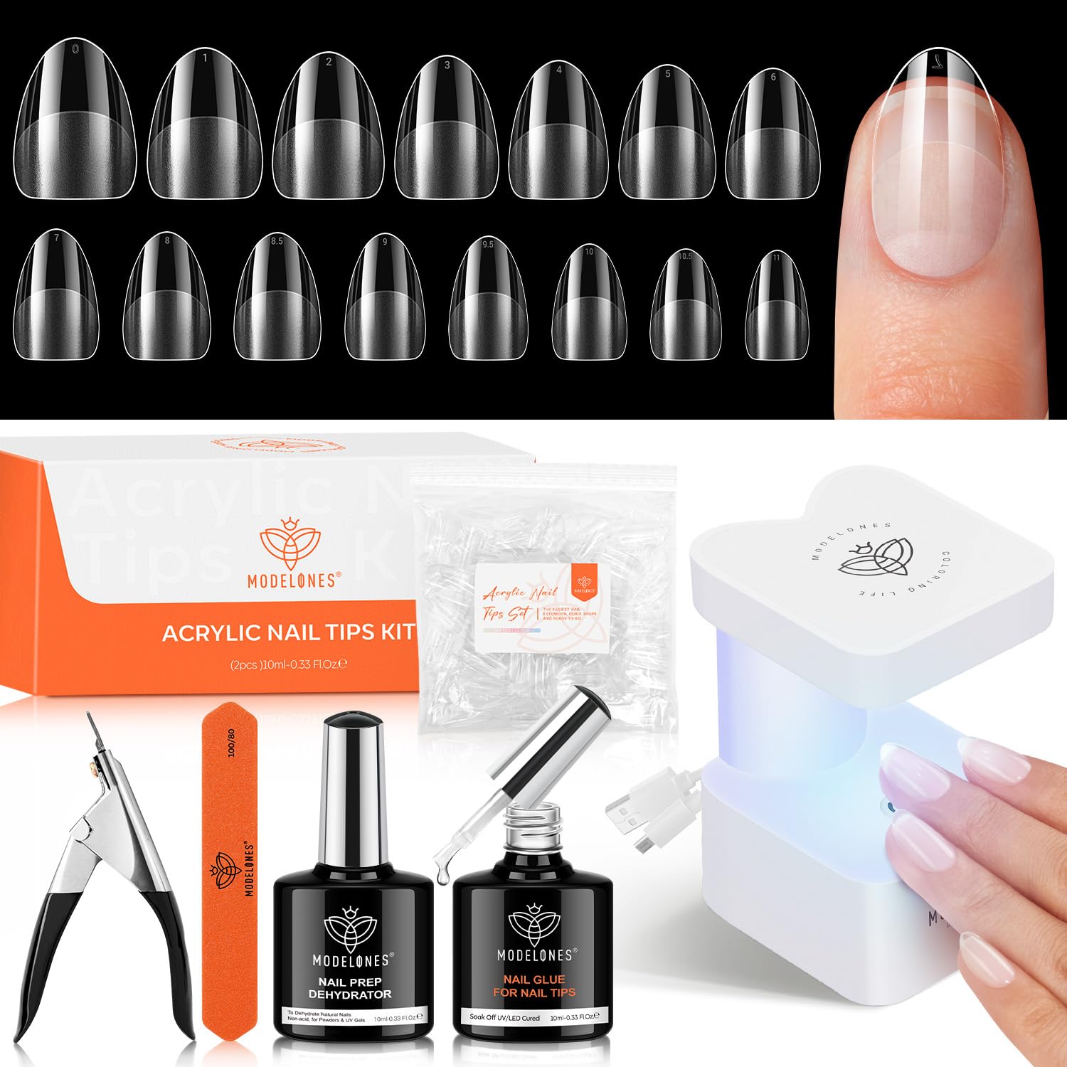 modelones front packaging showing entire almond gel kit and benefit of complete set