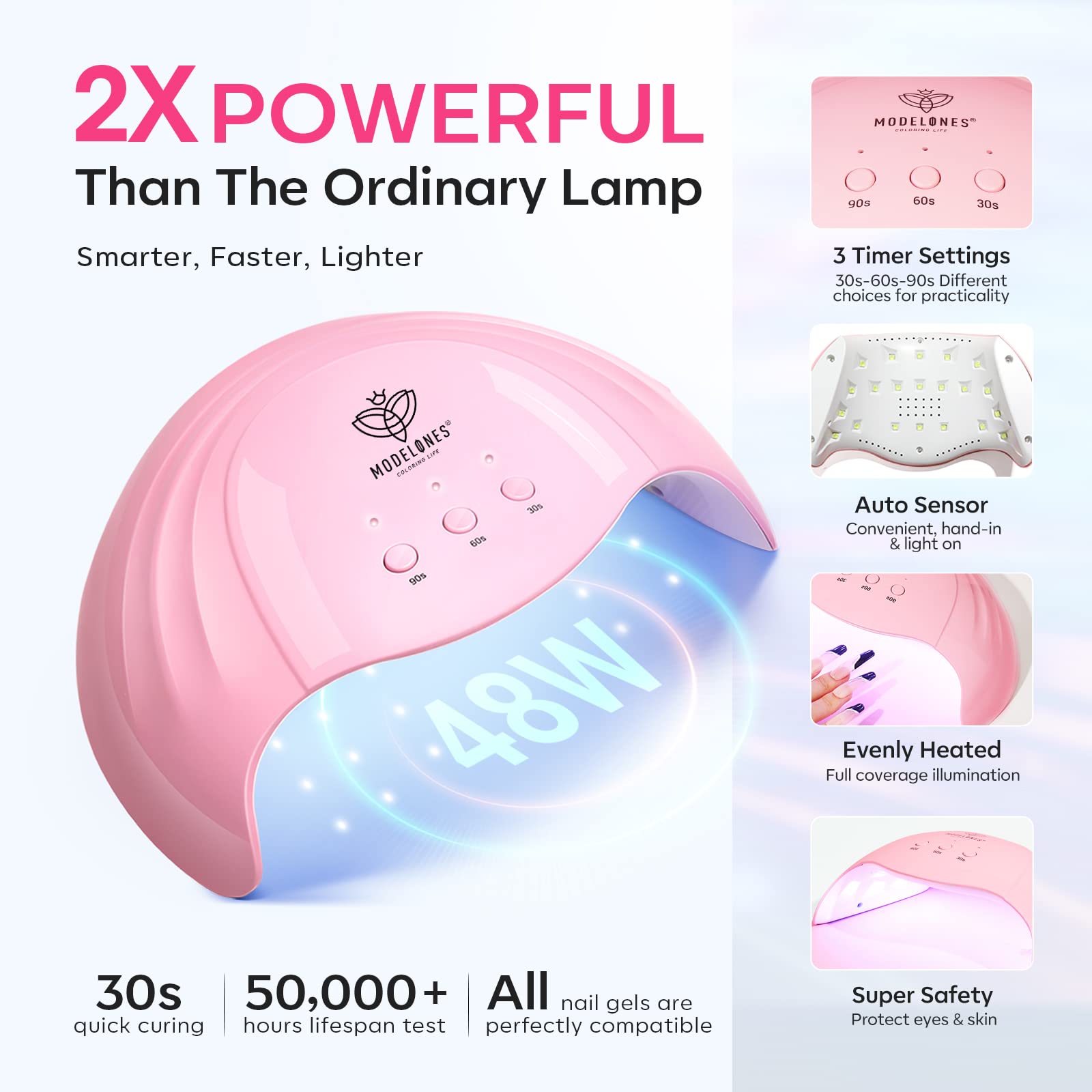 modelones hand inside lamp showing auto sensor and convenient hands-free curing
