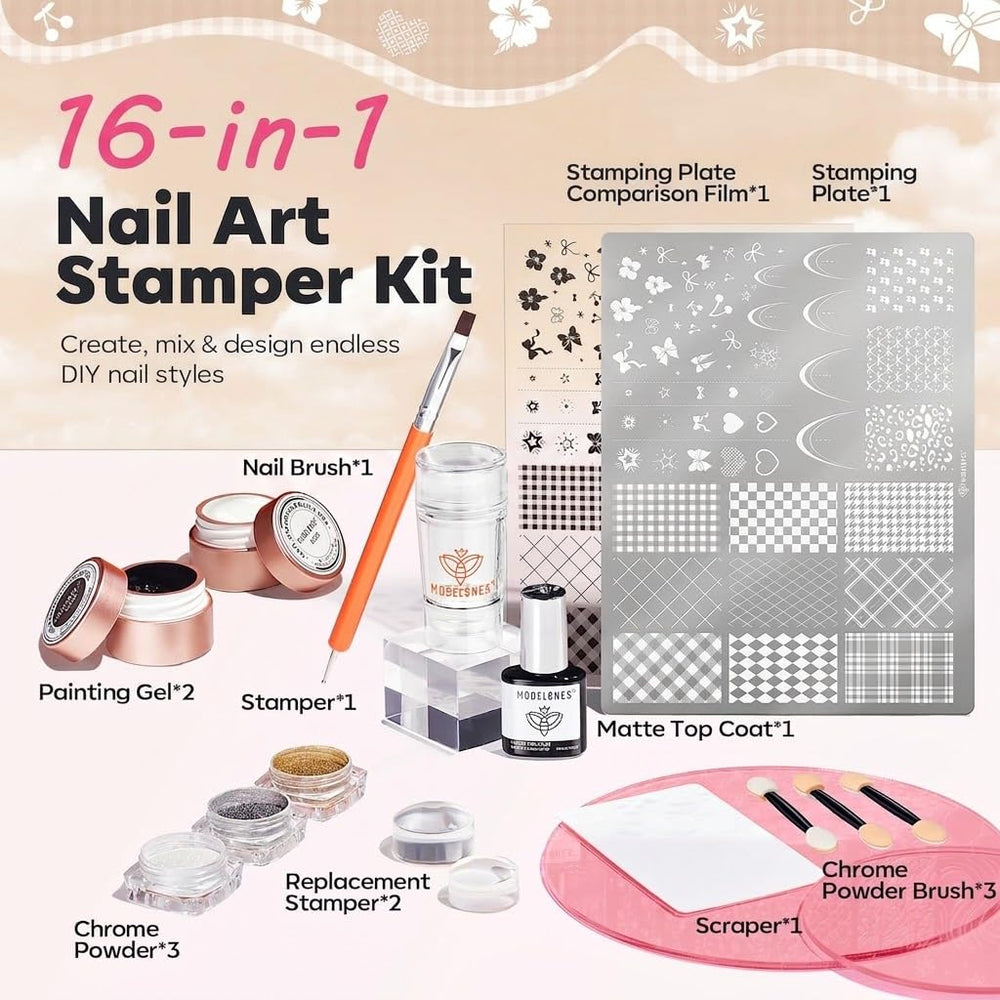 modelones stamping transfer close-up on nail showing crisp plaid print