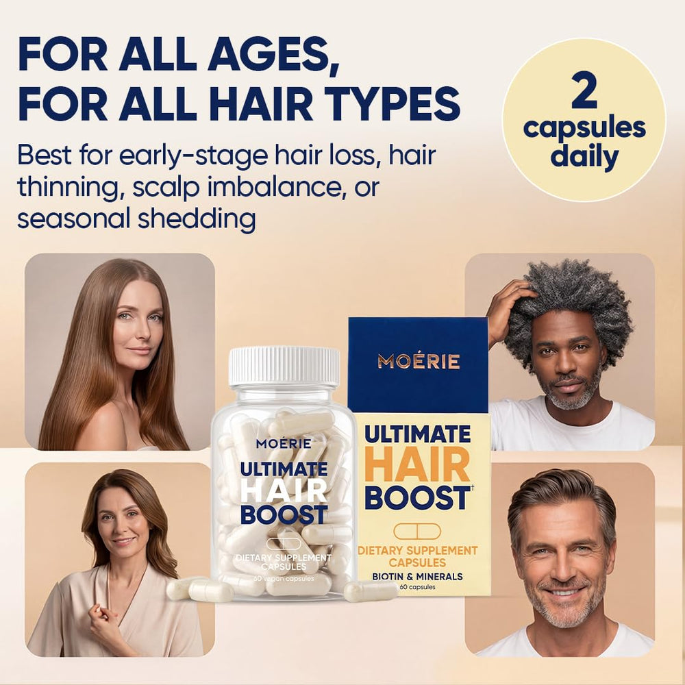 Moerie capsules next to natural ingredients indicating balanced nutrient blend