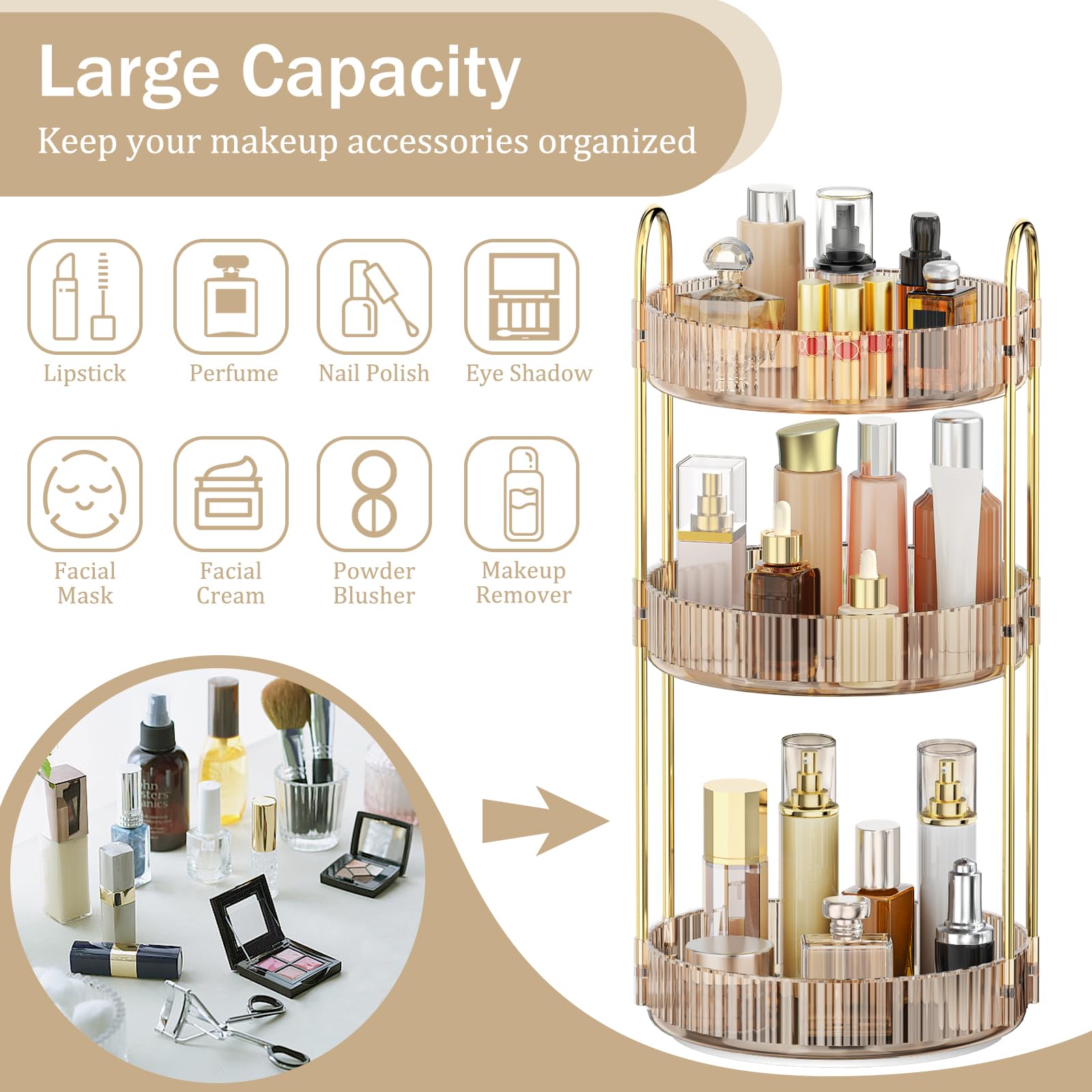 MOKANI tier spacing shown holding tall perfumes and lipsticks