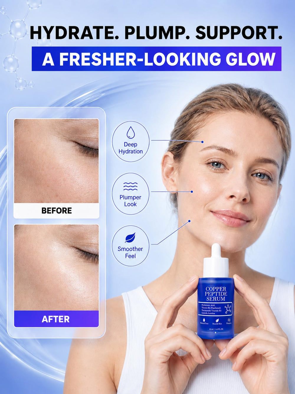 Molrol serum drop on fingertip showing lightweight texture and absorption benefit
