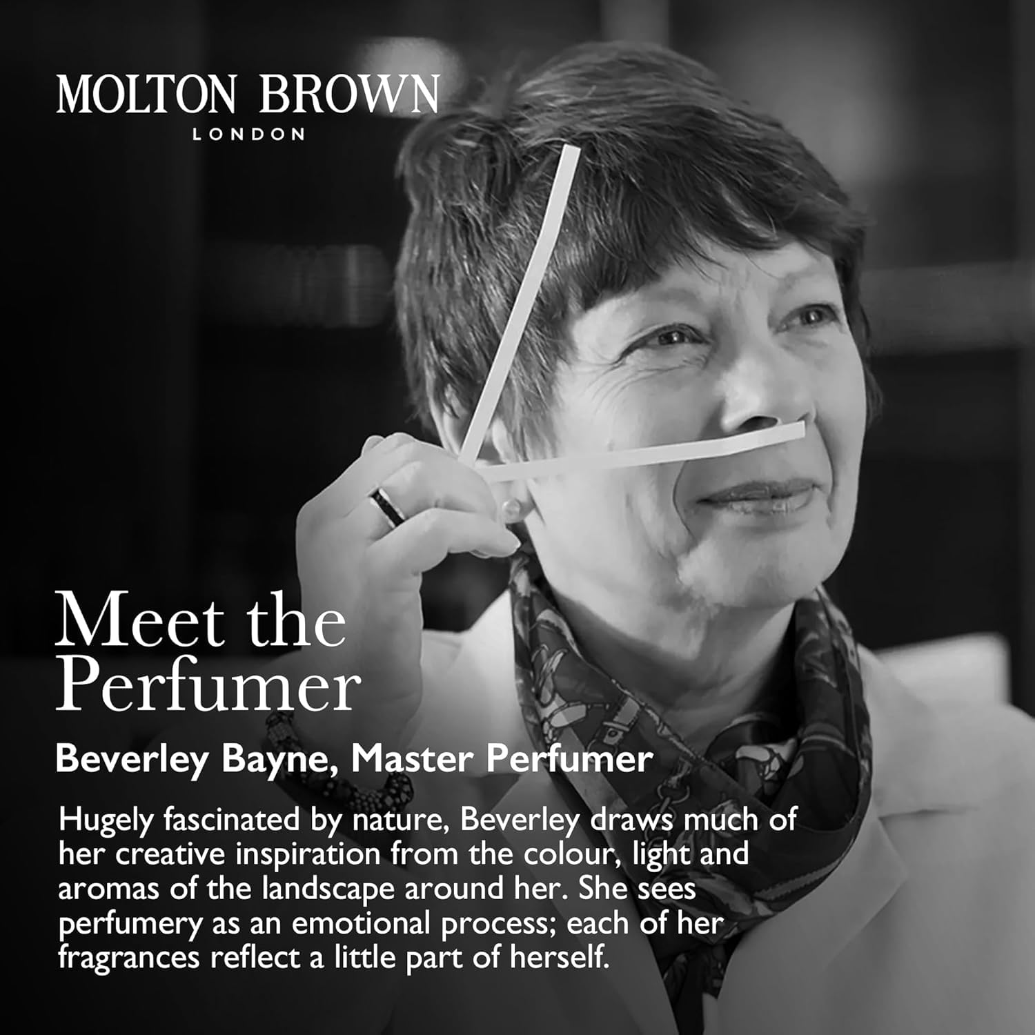 Molton Brown label detail with ingredients panel demonstrating quality craftsmanship benefit
