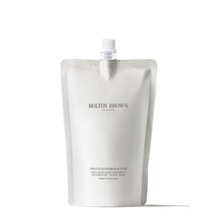 Molton Brown refill pouch front view showing branding and scent, convenience for eco-friendly topping up