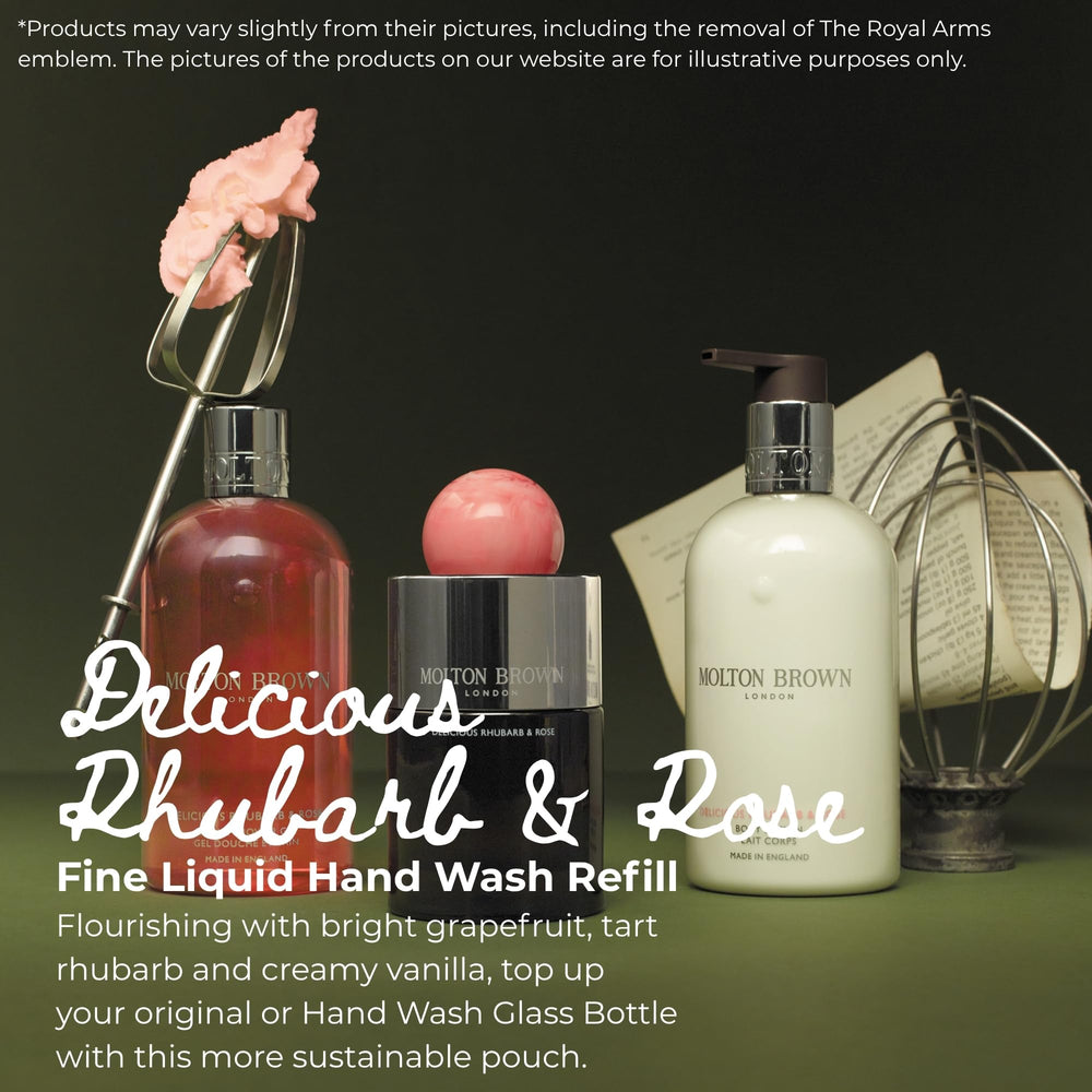 Close-up of Molton Brown pouch nozzle pouring liquid, precise refill without spills
