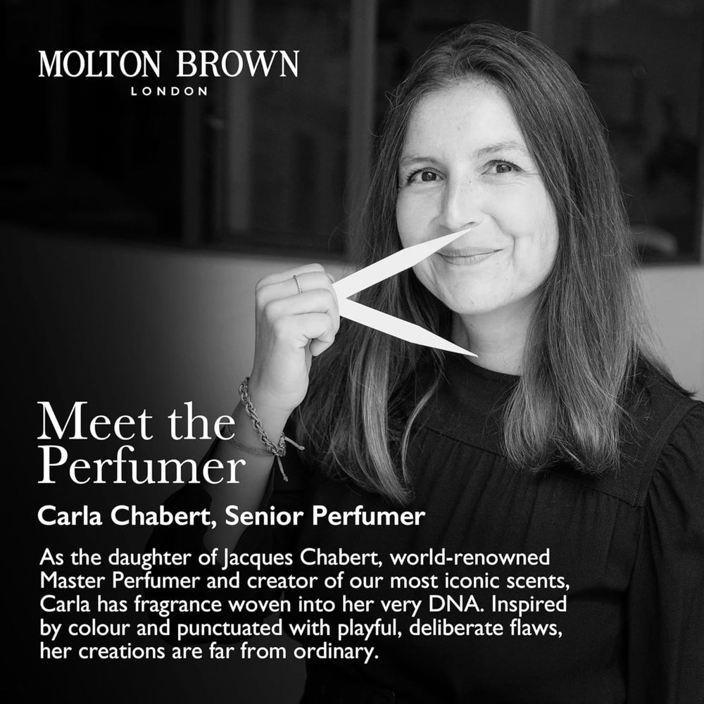 Molton Brown bottle beside ruler showing size comparison benefit: clear product scale