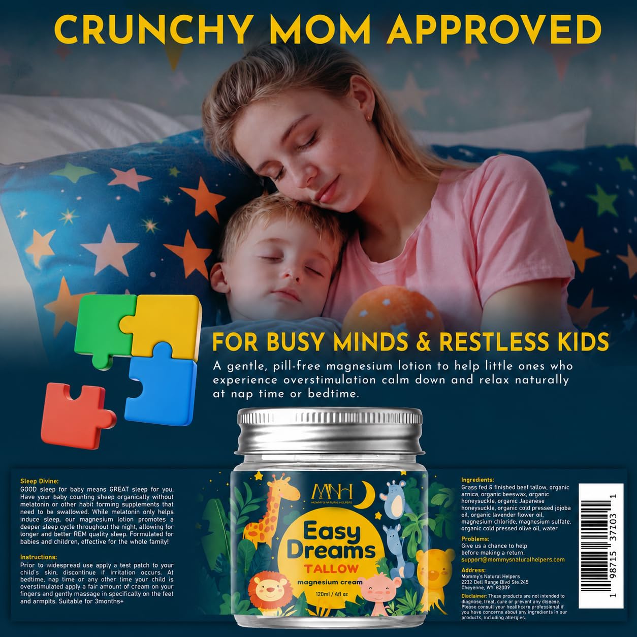 Mommy's Natural Helpers family scene at bedtime emphasizing calming routine and shared comfort