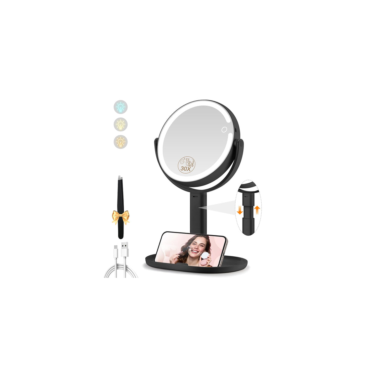 MOMOKUBA front view of black vanity mirror showing lights and base benefit organized routine