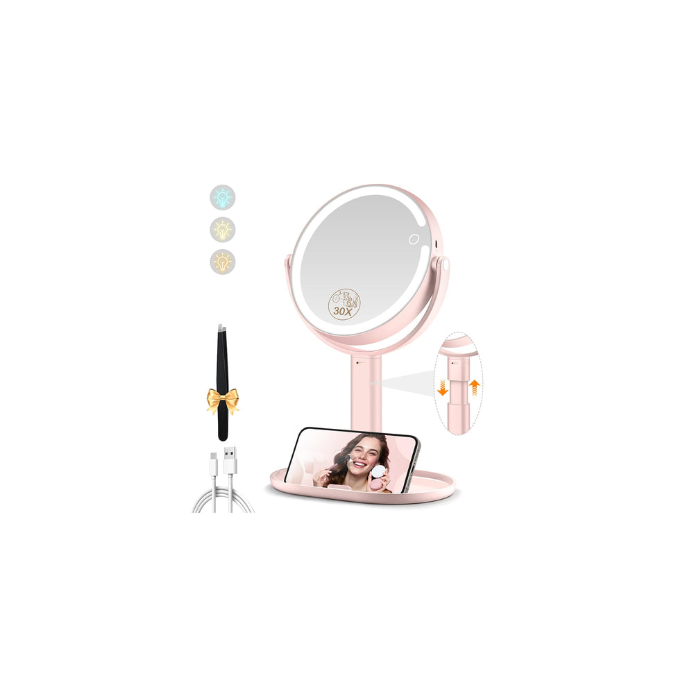 MOMOKUBA front view pink vanity mirror showing sleek design and bright LEDs for clearer makeup