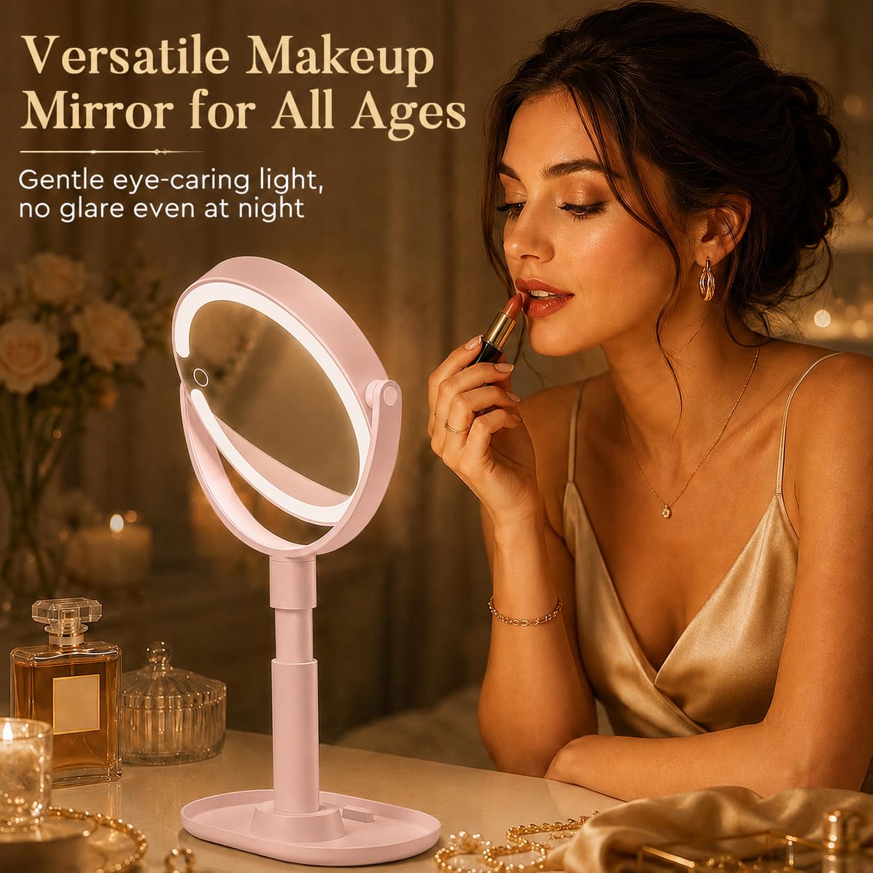 MOMOKUBA phone holder in base holding a tutorial video for hands-free makeup application