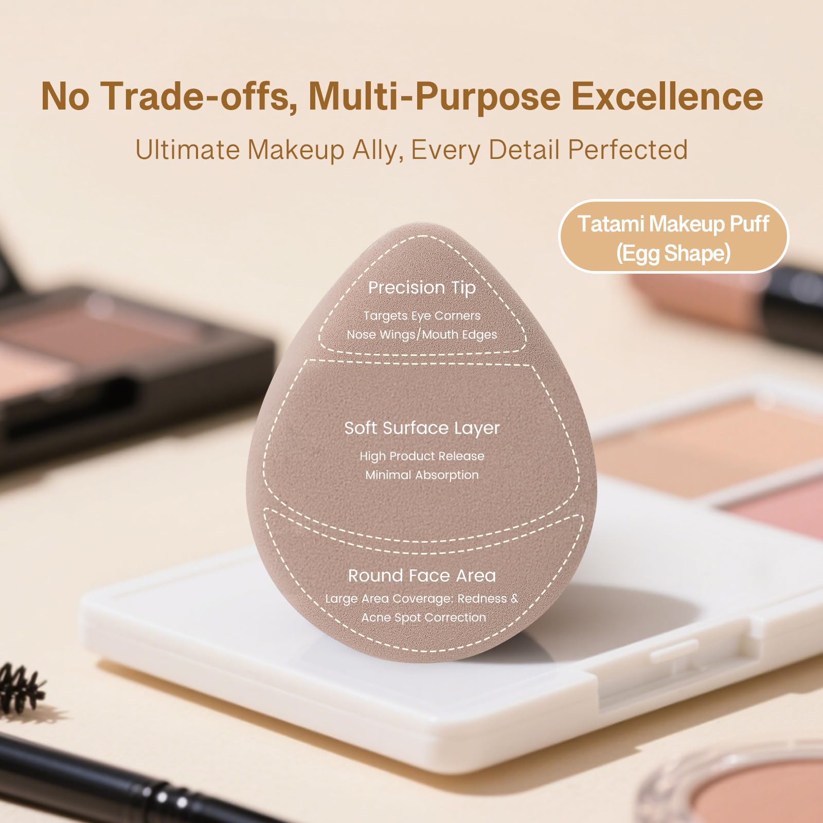 Momo's Workshop puff in use pressing foundation onto cheek for quick coverage