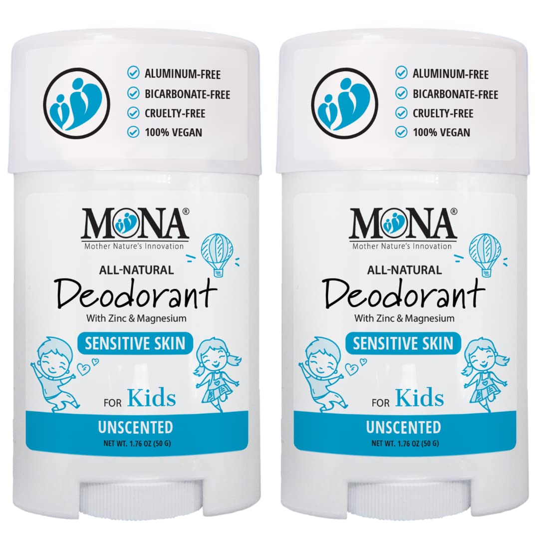MONA front packaging showing unscented kids deodorant, promotes gentle protection