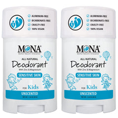 MONA front packaging showing unscented kids deodorant, promotes gentle protection