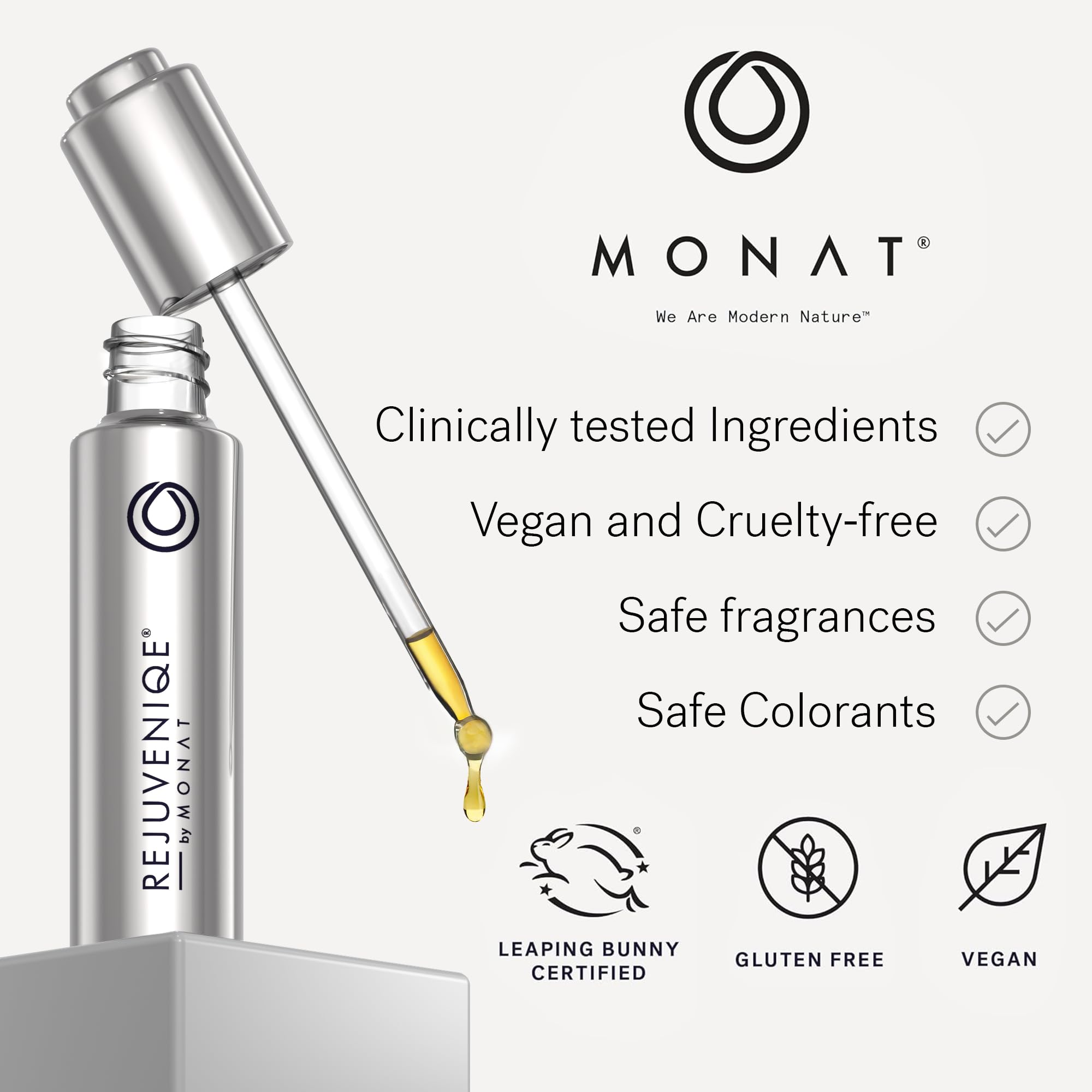 MONAT packaging label close-up highlighting clean, vegan formula benefits
