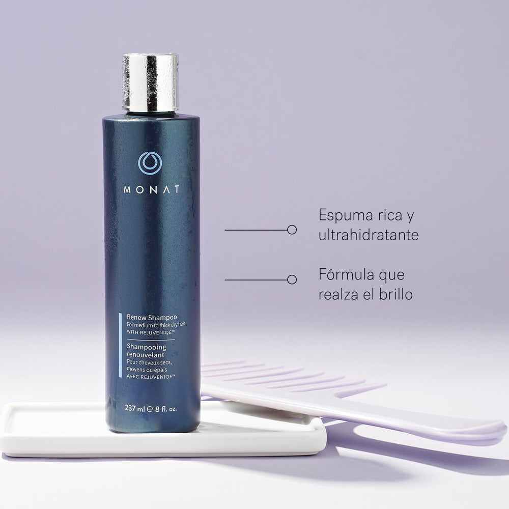 MONAT Renew close-up of Rejuveniqe oil blend and pea extract, shows nourishing ingredients