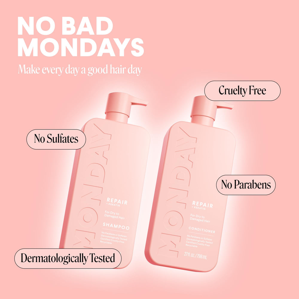 MONDAY HAIRCARE bottles in hand showing size and travel-friendly benefit