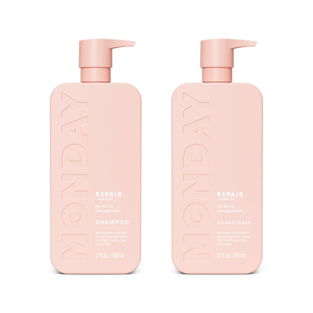MONDAY HAIRCARE front packaging showing duo and restored shine