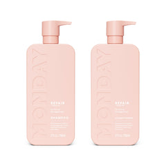 MONDAY HAIRCARE front packaging showing duo and restored shine