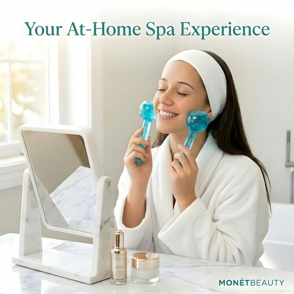 MonétBeauty globes on vanity in a relaxing skincare routine setting