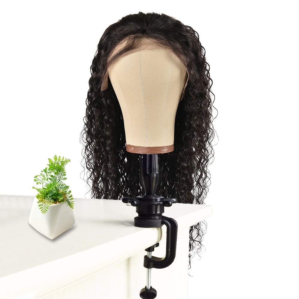 Monicass with wig mounted illustrating precise styling convenience