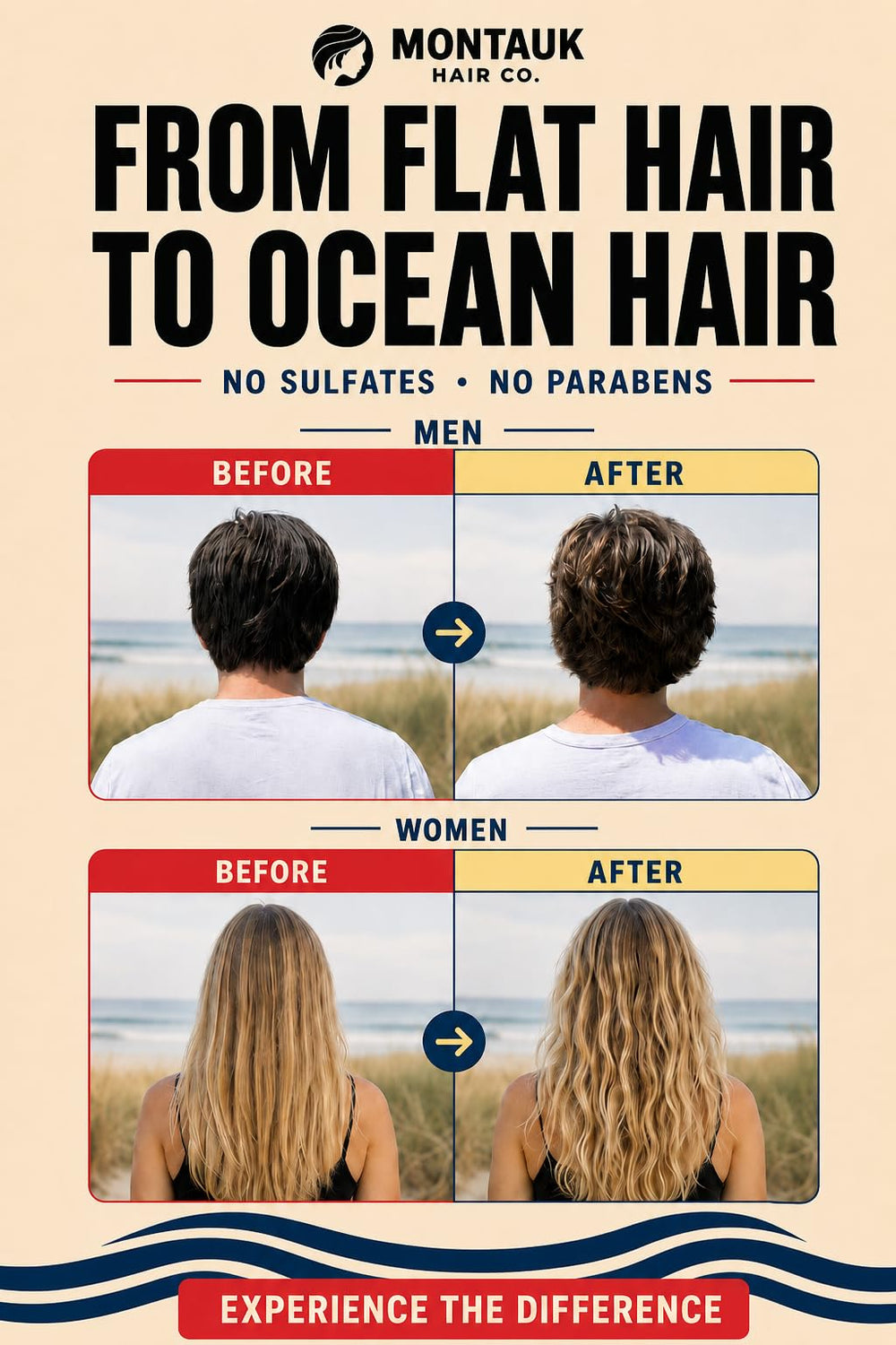 Montauk Hair Co. before and after demonstrating added separation and grit