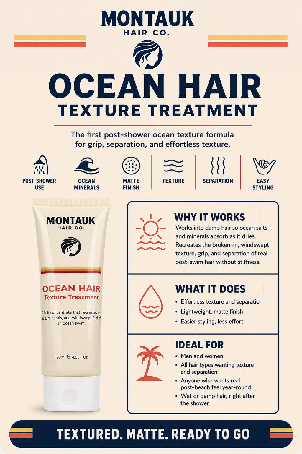 Montauk Hair Co. 2oz tube beside hand to show compact travel-friendly size