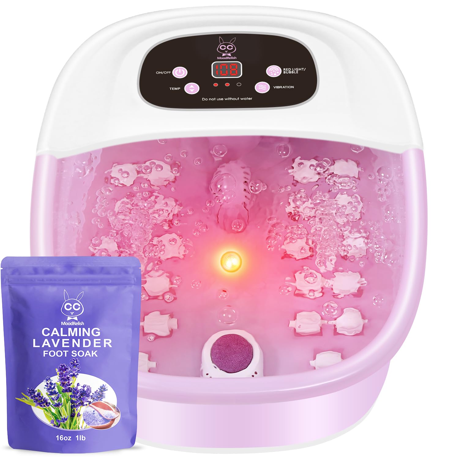 MoodRelish front view of pink foot spa showing full features and compact design benefit