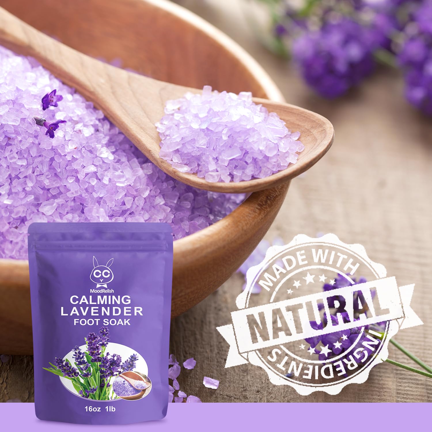 MoodRelish 16 oz lavender Epsom salt jar beside tub for soothing aroma and skin softening benefit