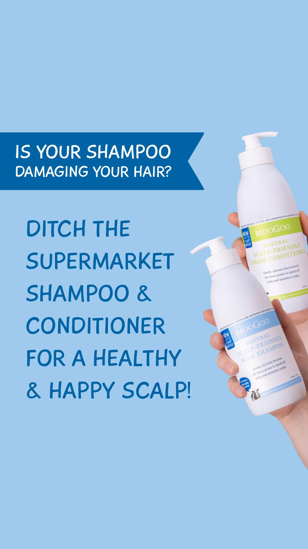 MooGoo dispensing shampoo into palm for easy application