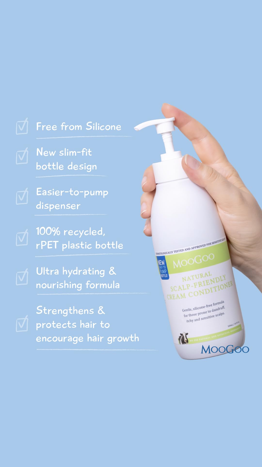 MooGoo bottle in hand demonstrating actual 16.9 fl oz scale